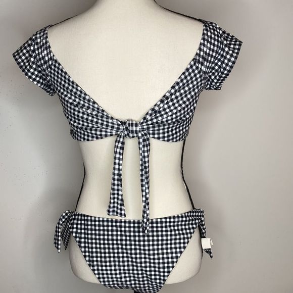 Cabana del Sol Bikini Black White Check Cap Sleeve Top Cheeky Bottom Bikini - Picture 3 of 12